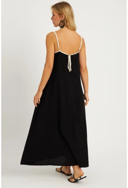 Kadın Siyah Keten Midi Elbise GÇ174