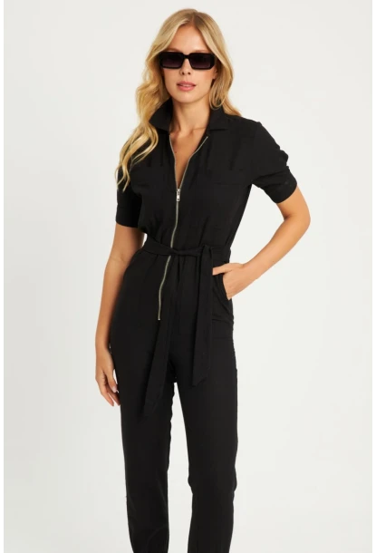 Kadın Siyah Keten Tulum YLE608