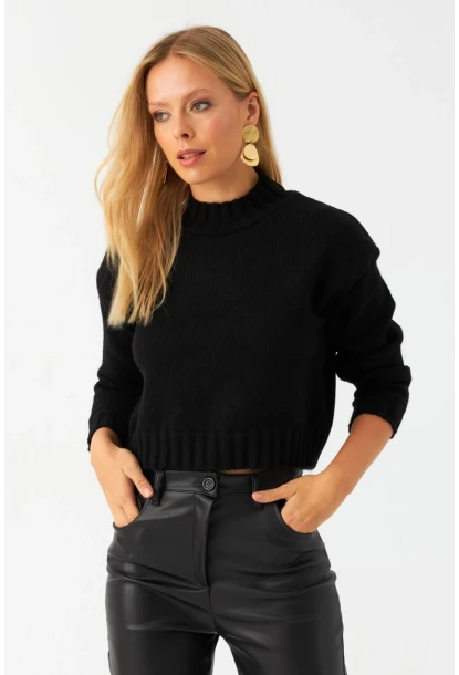 Kadın Siyah Kısa Triko Kazak YV301