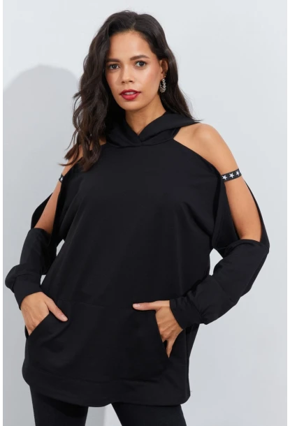 Kadın Siyah Kolları Açık Kapüşonlu Sweatshirt Yİ2356