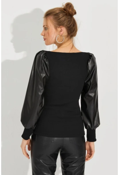 Kadın Siyah Kolları Deri Kaşkorse Bluz Yİ2494