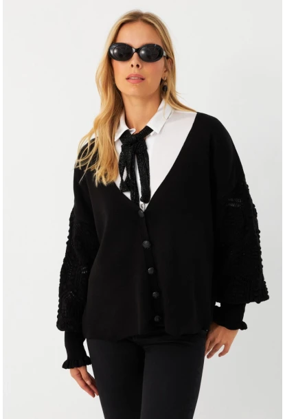 Kadın Siyah Kolları Örme Hırka MSE800