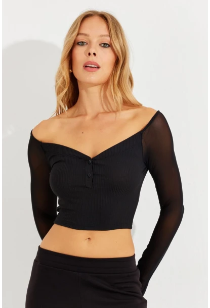 Kadın Siyah Kolları Tül Crop Bluz CG315