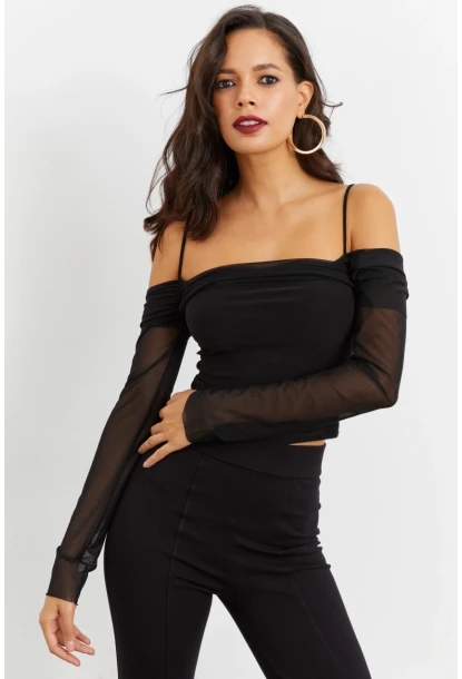 Kadın Siyah Kolları Tül Madonna Yaka Crop Bluz B1927