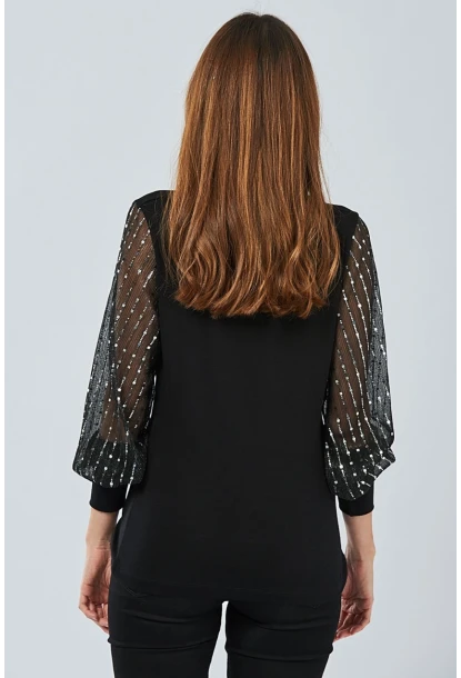 Kadın Siyah Kolu Payetli Bluz BK5024