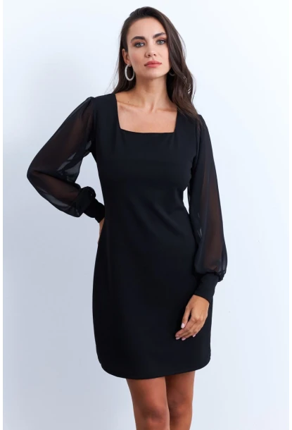 Kadın Siyah Kolu Tül Kare Yaka Midi Elbise ST841