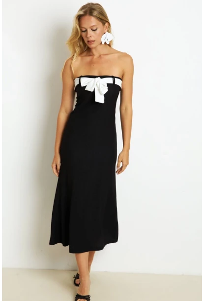 Kadın Siyah Kontrast Kemerli Maxi Elbise EY2826