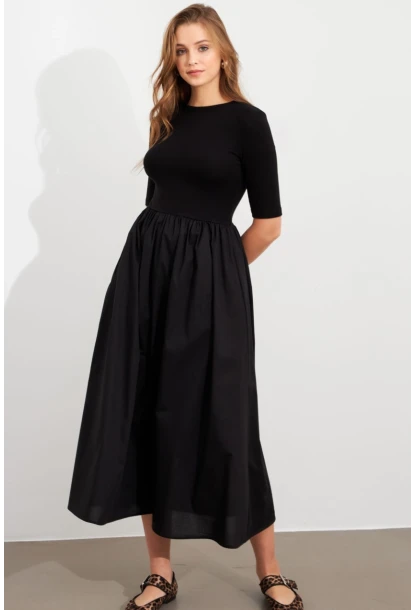 Kadın Siyah Kontrast Kumaşlı Midi Elbise MDMR457