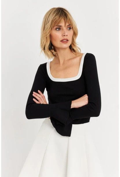 Kadın Siyah Kontrast Yaka İspanyol Kol Bluz ALB3105