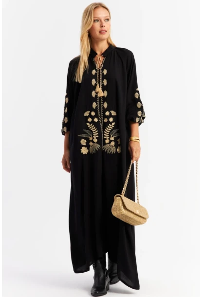 Kadın Siyah Kordon Detaylı Nakışlı Maxi Elbise MALO3