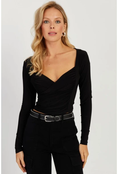 Kadın Siyah Kruvaze Crop Bluz LPP1252