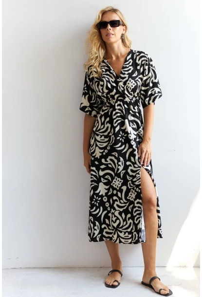 Kadın Siyah Kruvaze Desenli Midi Elbise YZ1152