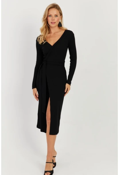 Kadın Siyah Kruvaze Kaşkorse Midi Elbise EY2703