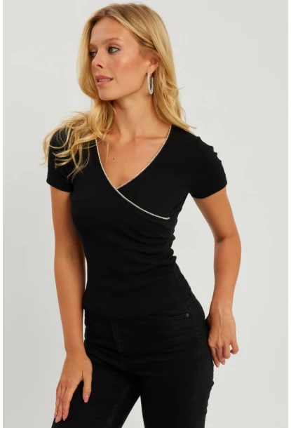 Kadın Siyah Kruvaze Kaşkorse Taşlı Bluz AYD306