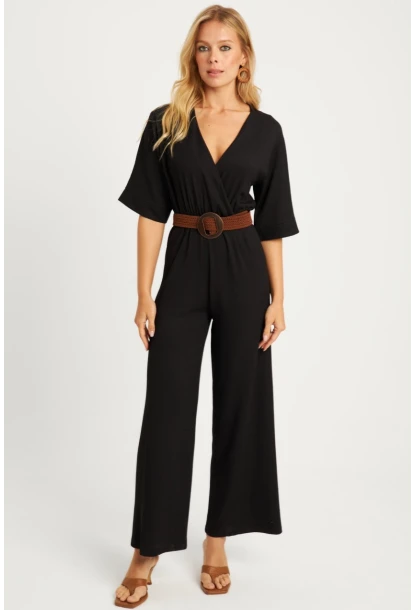 Kadın Siyah Kruvaze Kemerli Bürümcük Tulum XL2009