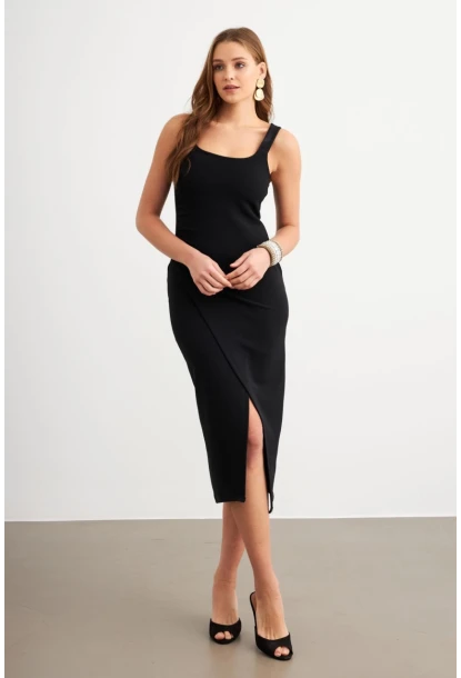 Kadın Siyah Kruvaze Midi Elbise LİT1096