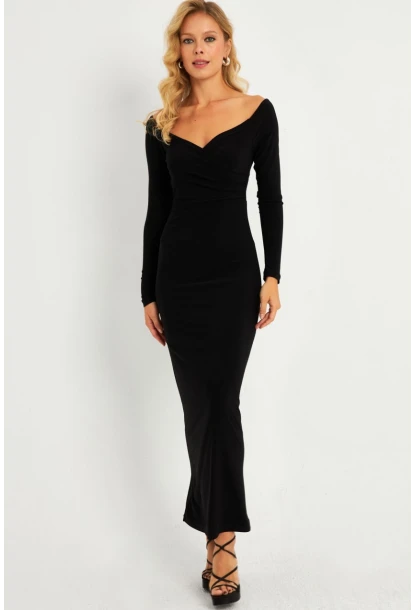 Kadın Siyah Kruvaze Midi Yılbaşı Elbise LİK04