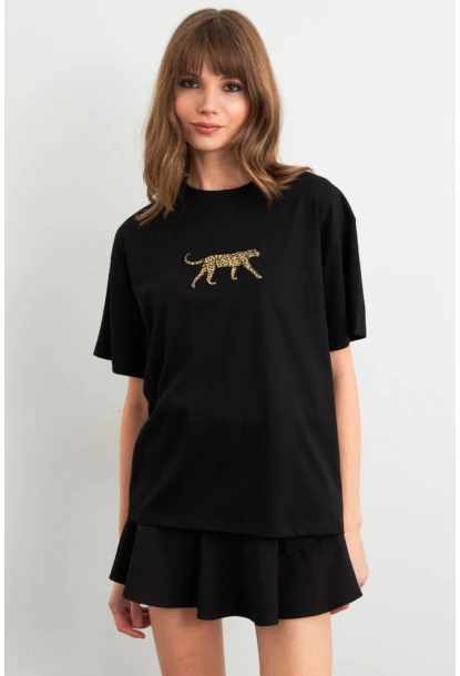Kadın Siyah Leopar Baskılı T-Shirt RLO110