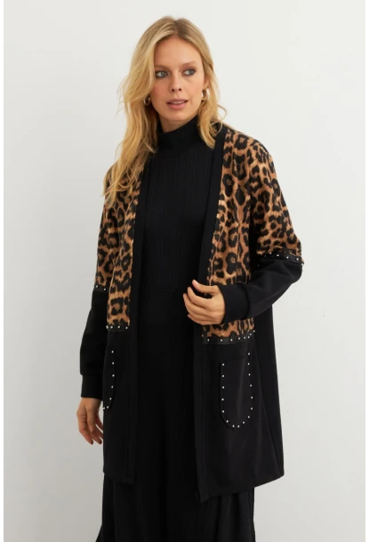 Kadın Siyah Leopar Bloklu Hırka MPK812