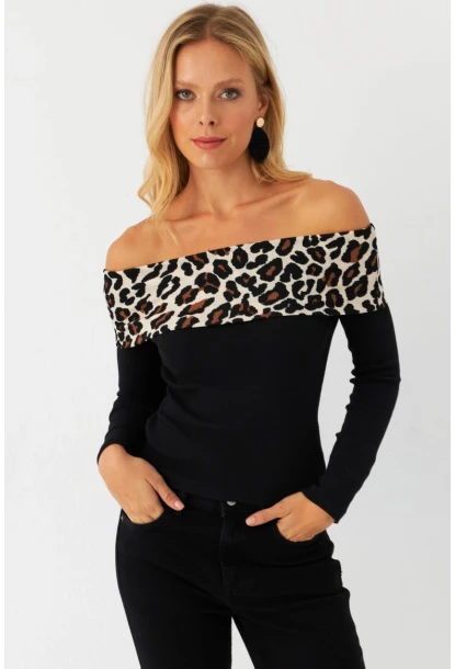 Kadın Siyah Leopar Bloklu Madonna Bluz AYD396