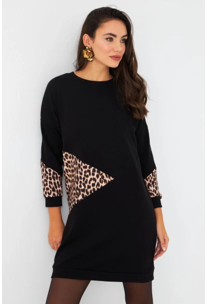 Kadın Siyah Leopar Desenli Mini Sweat Elbise ST145