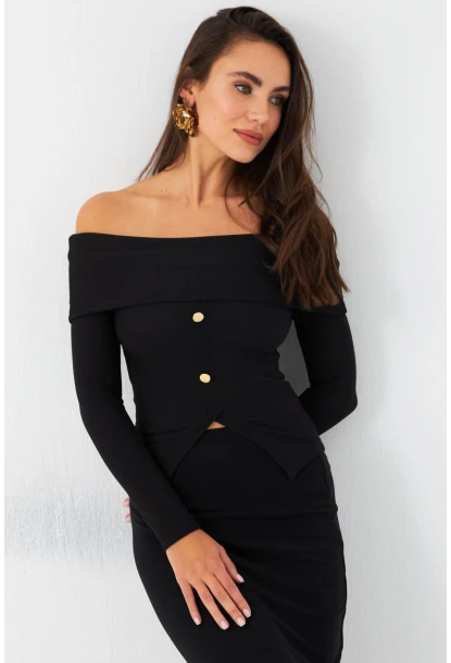 Kadın Siyah Madonna Yaka Bluz RLO77