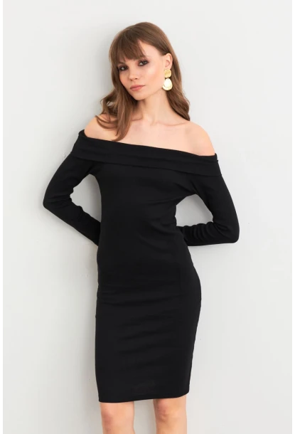 Kadın Siyah Madonna Yaka Kaşkorse Midi Elbise ALB3690