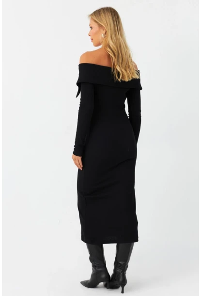 Kadın Siyah Madonna Yaka Kaşkorse Midi Elbise EY2991