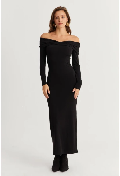 Kadın Siyah Madonna Yaka Maxi Elbise DMR391