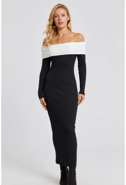 Kadın Siyah Madonna Yaka Maxi Elbise EY2696