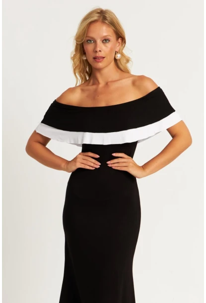 Kadın Siyah Madonna Yaka Midi Elbise EY2840