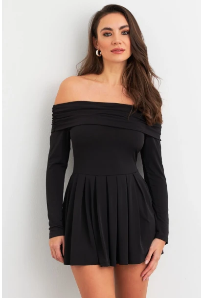 Kadın Siyah Madonna Yaka Midi Elbise MON1262