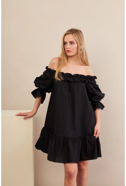 Kadın Siyah Madonna Yaka Midi Elbise PSG1012