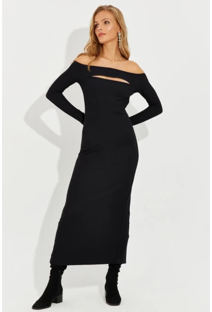 Kadın Siyah Madonna Yaka Pencereli Midi Elbise RMZ21163