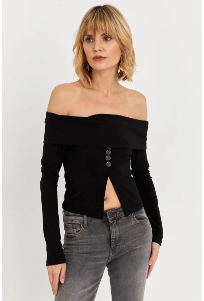 Kadın Siyah Madonna Yaka Yırtmaçlı Crop Bluz ELT4034