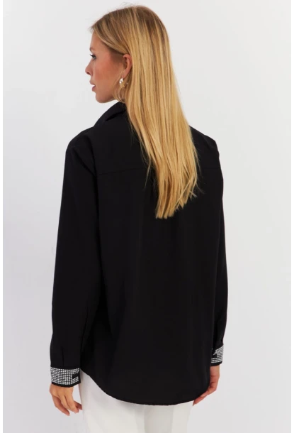 Kadın Siyah Manşeti Taşlı Gömlek MZER415