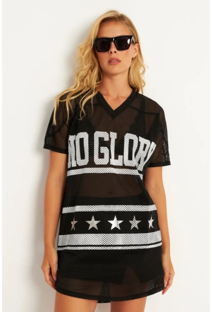 Kadın Siyah Mini File Baskılı Elbise TH1112