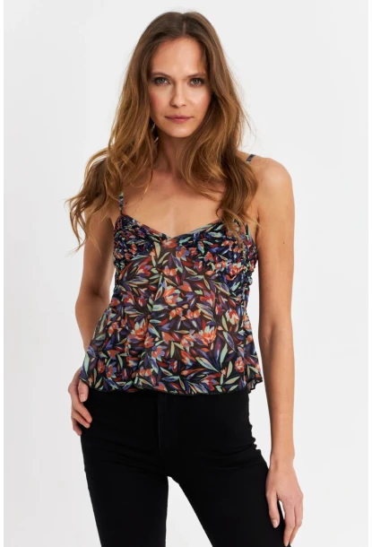 Kadın Siyah-Mor Desenli Tül Crop Bluz SB309