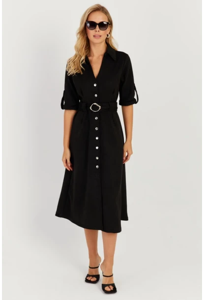 Kadın Siyah Nubuk Midi Gömlek Elbise KED4023