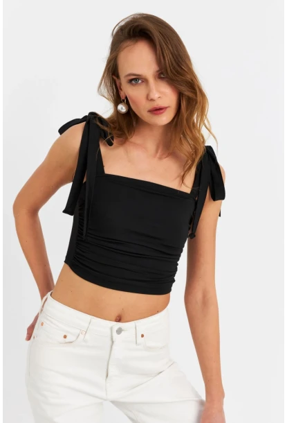 Kadın Siyah Omuz Bağlamalı Crop Bluz B5023-90