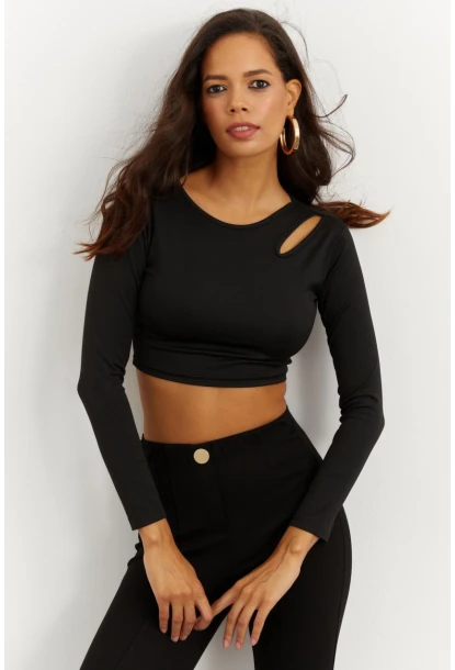 Kadın Siyah Omuz Pencereli Crop Bluz CG262
