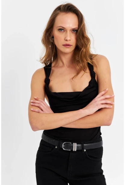 Kadın Siyah Omuzları Düğümlü Bluz EY3066