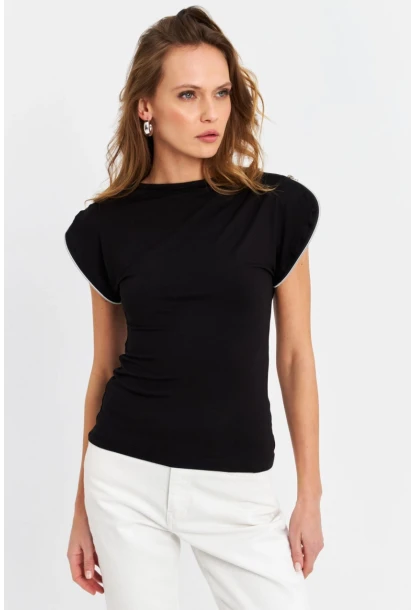 Kadın Siyah Omuzları Fermuarlı Bluz EY3062