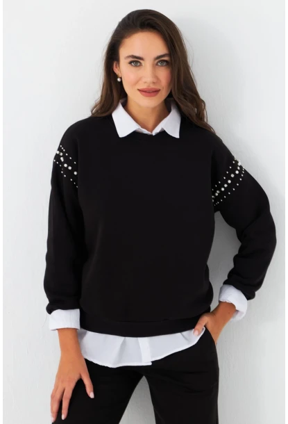 Kadın Siyah Omuzları İnci Detaylı Sweatshirt DY1424