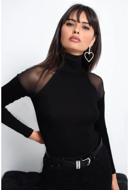 Kadın Siyah Omuzları Tül Bluz TZ2075