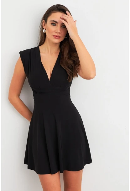 Kadın Siyah Omuzları Vatkalı Kruvaze Mini Elbise ELT3678