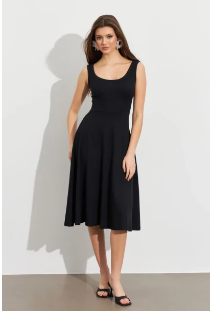 Kadın Siyah Ön Arka U Çan Etekli Midi Elbise DMR470