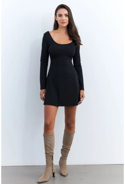 Kadın Siyah Ön Arka U Mini Elbise DMR400