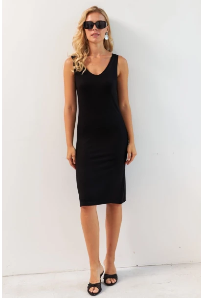 Kadın Siyah Ön Arka V Midi Elbise RX440