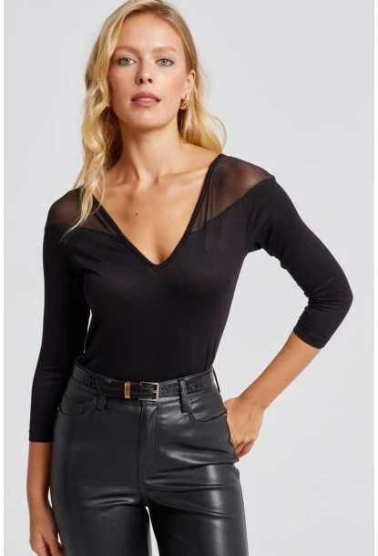 Kadın Siyah Ön Arka V Tül Detaylı Bluz Yİ2502